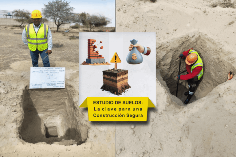 Excavaciones para estudio de suelos con ingenieros en obra, analizando la composición del terreno. Incluye iconos sobre los riesgos de no realizar el análisis.