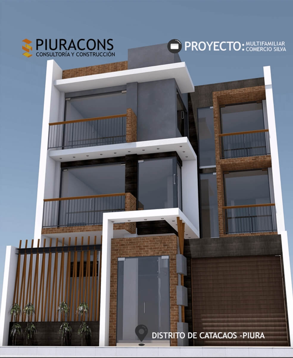 Modelo arquitectónico de la Vivienda Comercio Silva en Piura, con primer nivel comercial, departamentos en segundo nivel, vivienda unifamiliar en tercero y azotea en cuarto nivel.