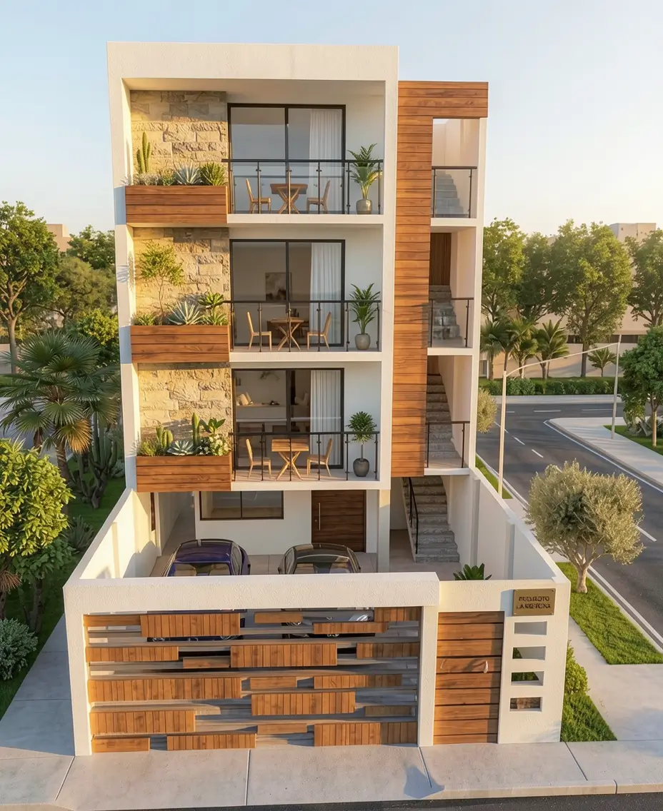 Render hiperrealista de la fachada de una vivienda multifamiliar moderna de cuatro pisos en Piura, con cochera elevada, portón de madera y balcones con jardineras.